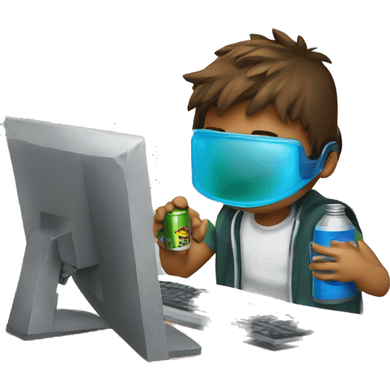 teenager playing computer with energy drink in his desk emoji