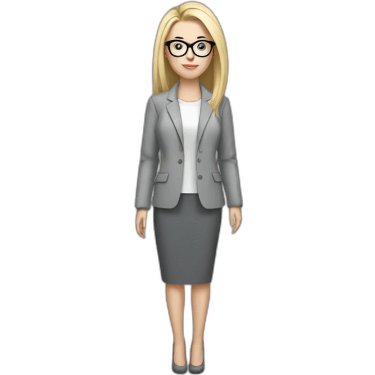 full height pale skin woman with cold blonde straight hair, care haircut, White blouse, Gray oversize jacket, Gray skirt and glasses in a thin rim holding a color palette in the hands emoji