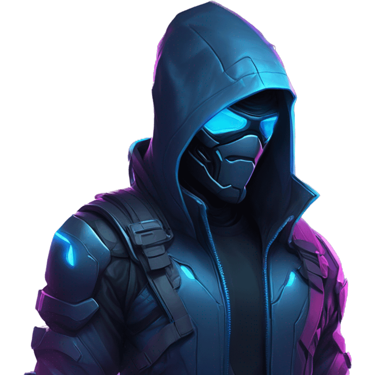 developer behind his laptop with this style : crysis Cyberpunk Riot Games Valorant neon glowing bright blue character blue black hooded assassin themed character emoji