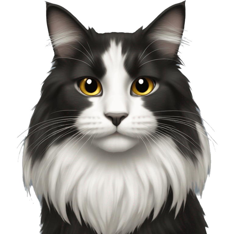 long haired cat half black half white with black mouth emoji