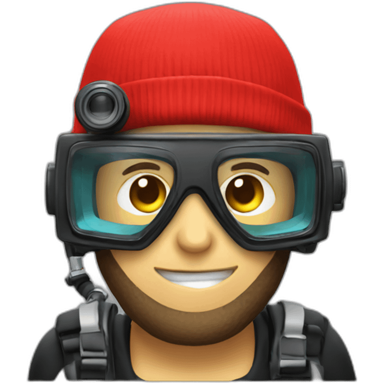 scuba diver, wearing a red beanie and with a camera emoji