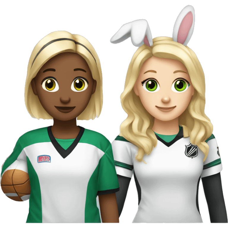 Two girls one with blonde hair and brown eyes and one with brown hair and green eyes, both with bunny ears, watching an ice hockey game emoji