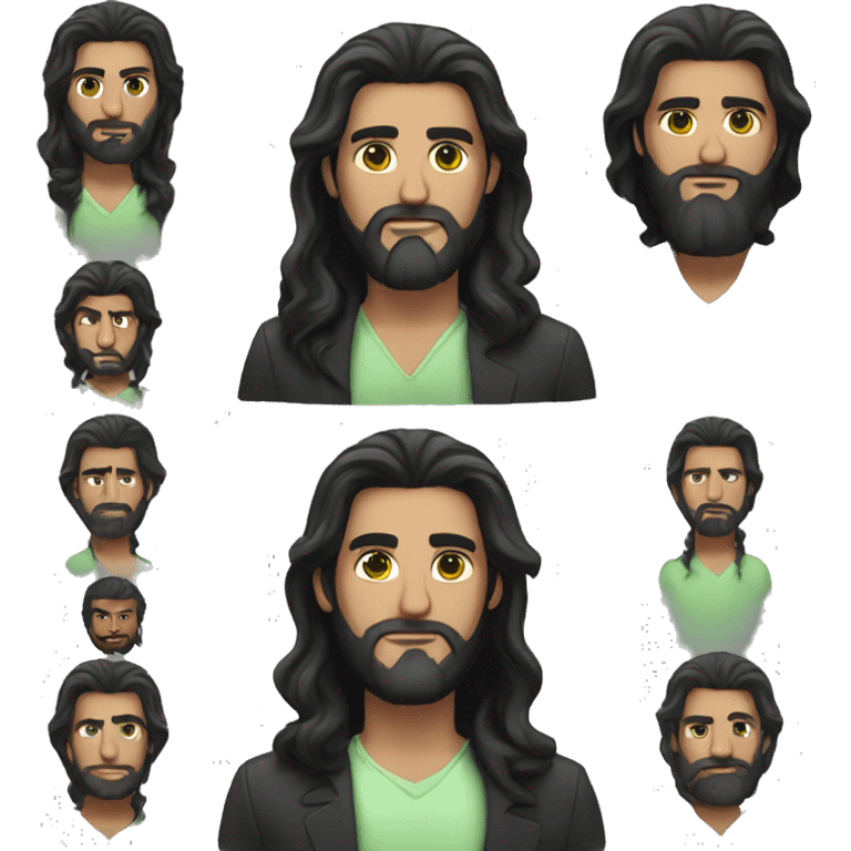 Man with long black hair and black beard and green eyes emoji