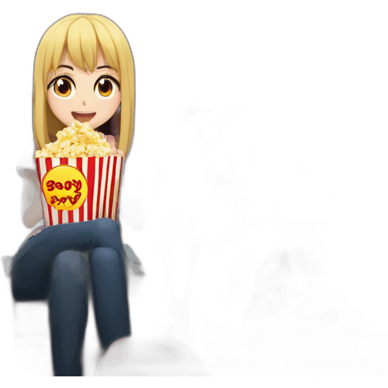 two anime girls 1 anime boy, watching movie at the cinema eating popcorn, dark background emoji