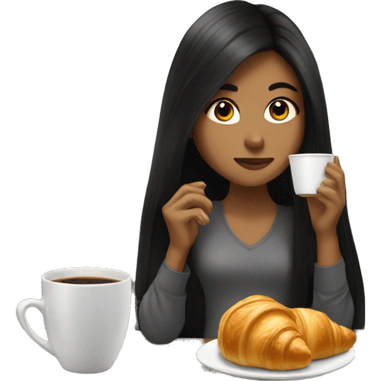 a girl with long black hair drinks coffee and eating a croissant emoji