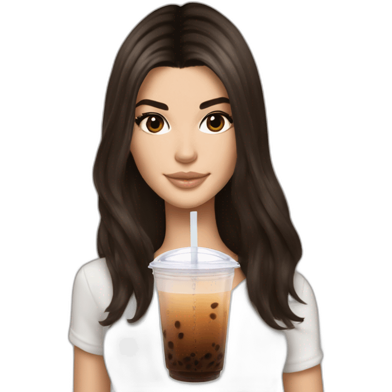 brunette Kendall Jenner with long hair holding bubble tea emoji