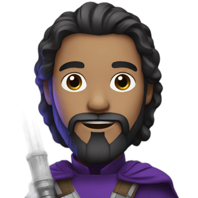 A white Portuguese with black and medium-length hair and a beard that holds a purple lightsaber emoji