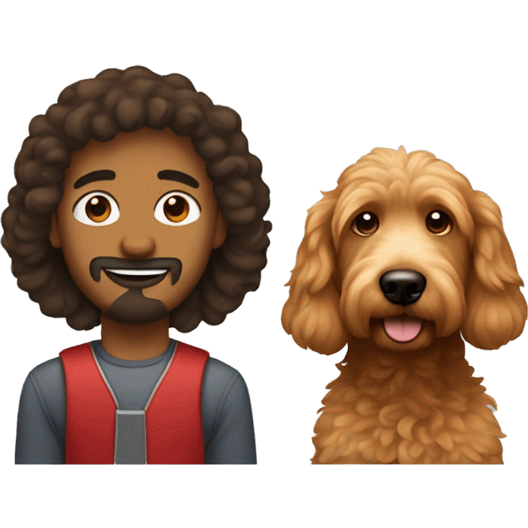 Brown man with straight hair and a red goldendoodle emoji