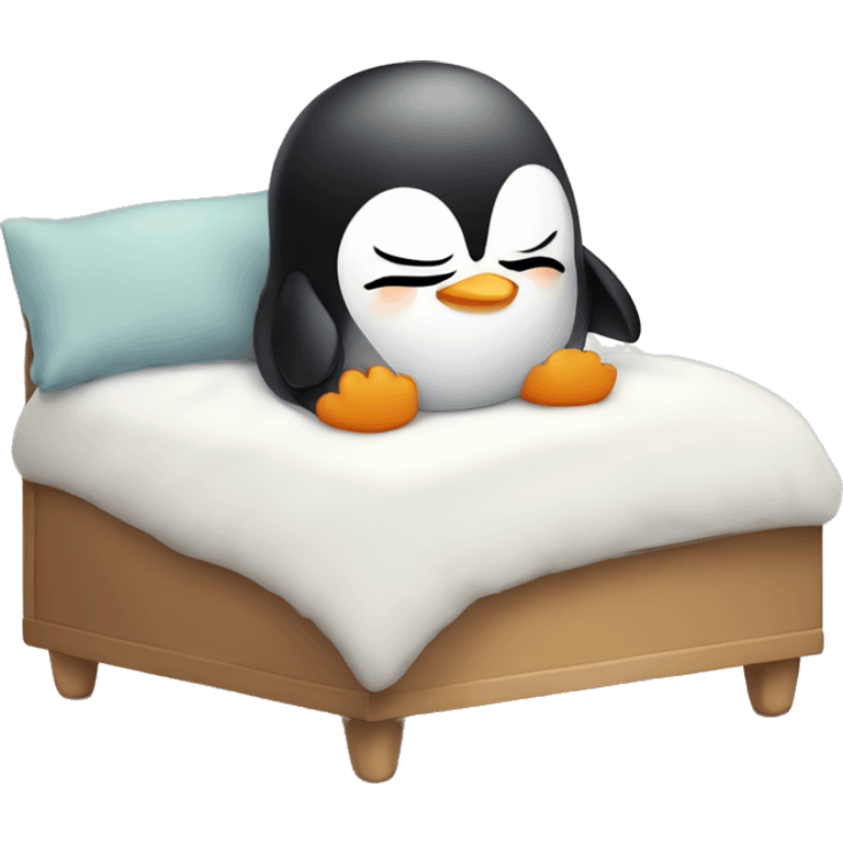 Baby cute penguin sleeping on a huge bed emoji