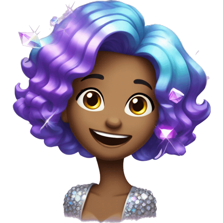 one girl with purple diamond hair made from purple crystals or diamonds or jewels, she is feeling happy and elated and excited, make her hair shiny with prisms and angles and edges emoji