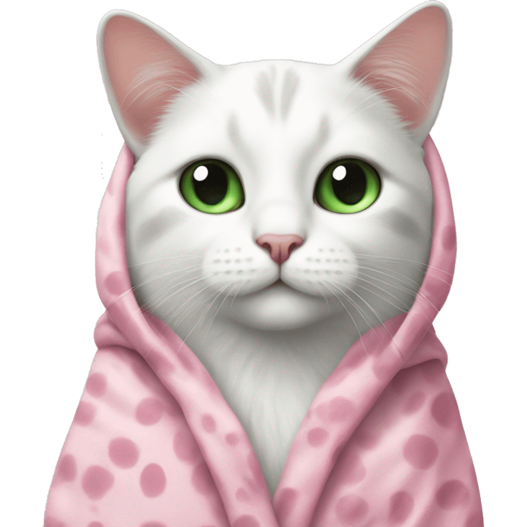 A white cat with big black spots and green eyes in a pink robe emoji