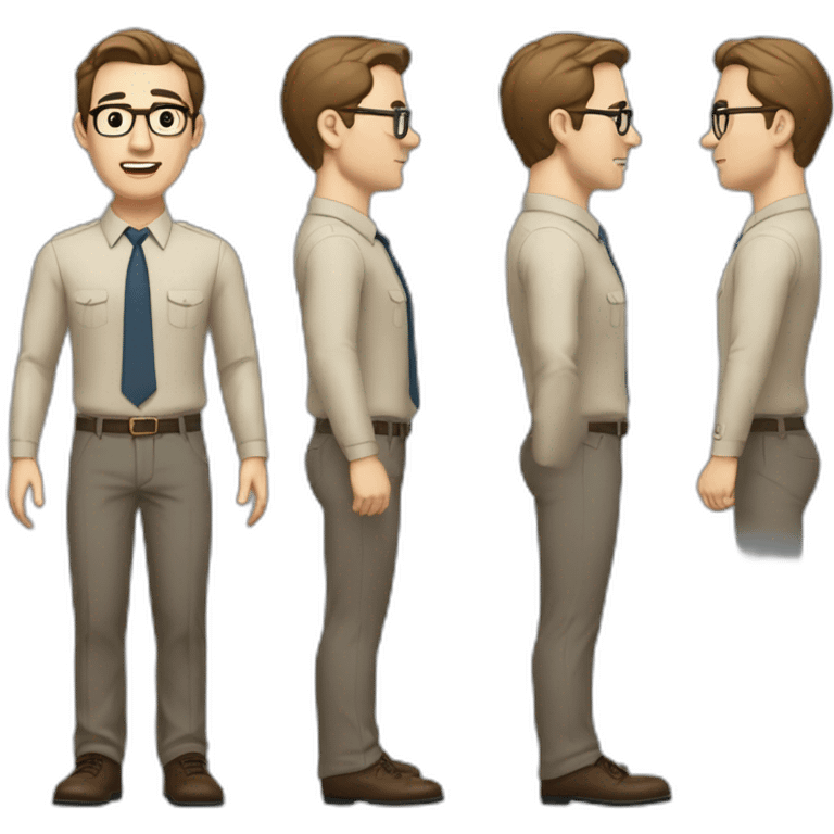 Full height Actively Gesturing Pale skinned fit man with dark brown hair in gray jacket, beige office shirt, brown tie, brown pants and vintage glasses. emoji