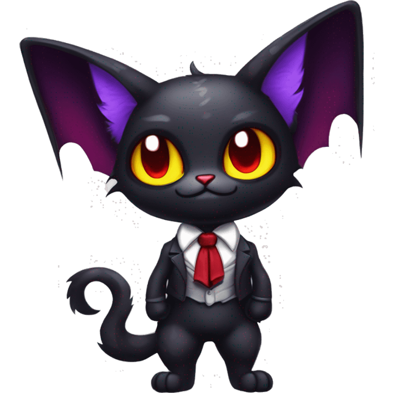 Cute-Evil-Vampiric-Batty-Cat-Black-Purple-Red-Yellow-Contrast-Colors-Fantasy-Fur-Sona-Chibi-Shiny-Fakémon-Hybrid with horns and big fangs neck bow white tie leg spats full body emoji