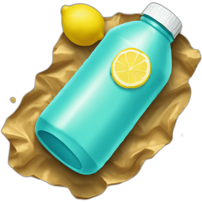 water bottle on the ground filled with brownish yellow lemonaid, crumpled emoji