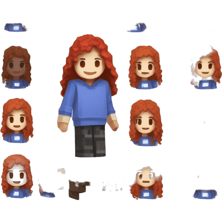 a white girl with long red curly hair and freckles, wearing periwinkle Minecraft hoodie playing a videogame smiling emoji