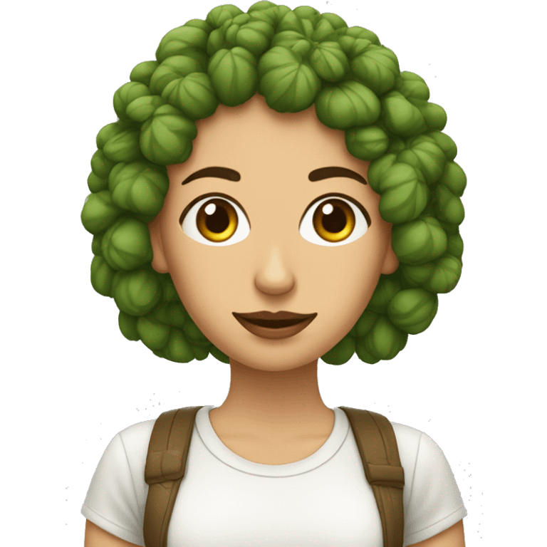 mujer blanca con rulos cortos marrones, ojos marrones con remera con una chala de cannabis emoji