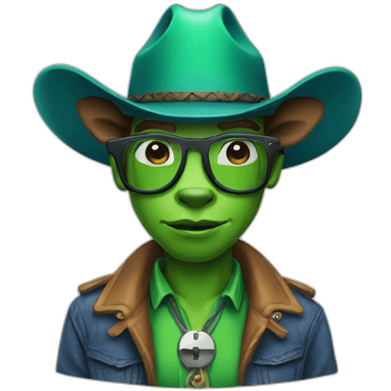 A cow boy with a green skin, with blue glasses and with a youtube logo in his chest emoji