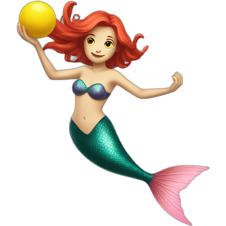 Underwater redhead mermaid swimming with fins, snorkel equipement, holding a small yellow ball, looking strong and fighting emoji