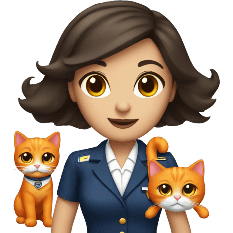 Dark hair brown eyed flight attendant with an all orange cat emoji