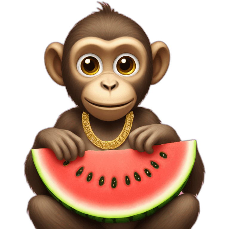 monkey wearing gold jewellry and is eating watermelon emoji