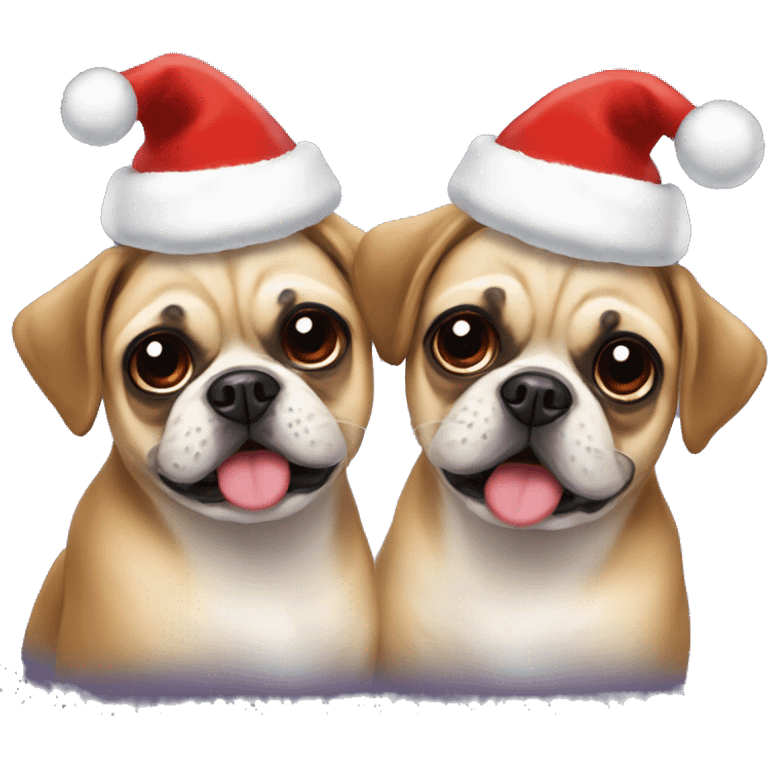 Two happy pugaliers with Christmas hats emoji