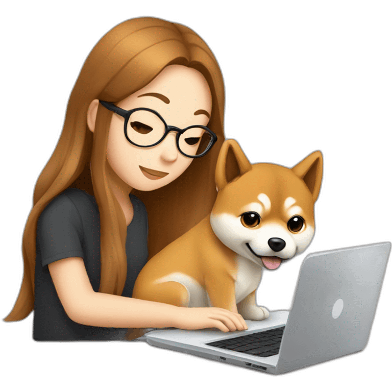 25 yo femake student with brown long hair typing on laptop with a shiba puppy next to her emoji