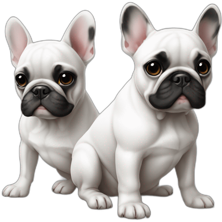 French bulldog white colour with black patch on one eye sitting with one one boy and girl emoji