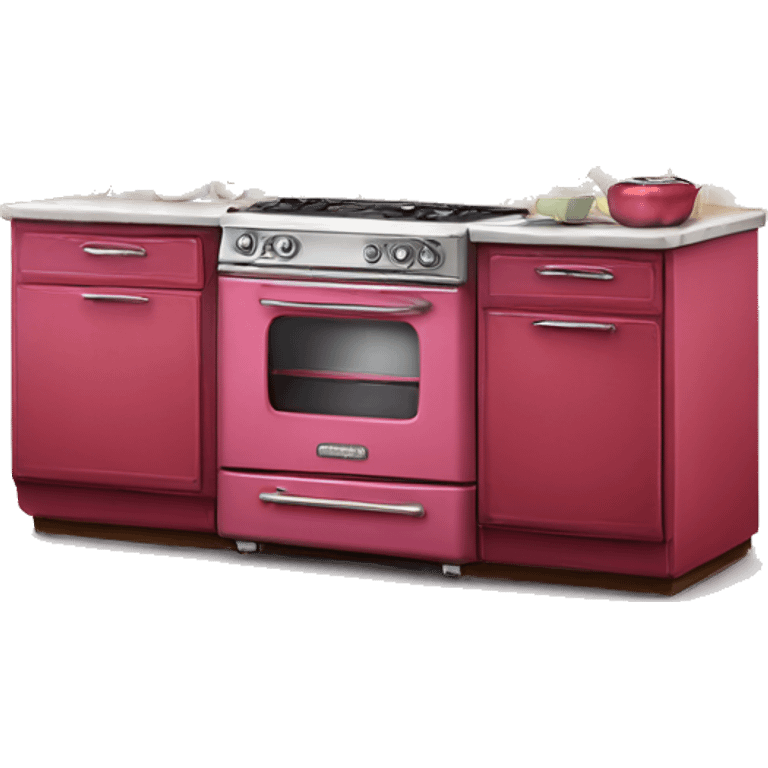 Isolated full length Realistic raspberry vintage retro kitchen range with cabinets and counters. emoji