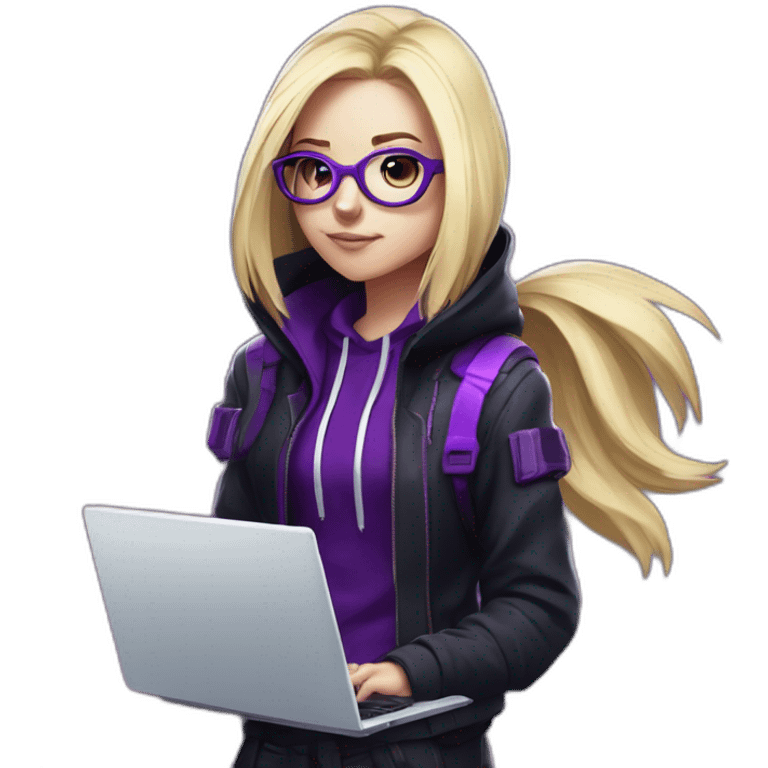 Girl blond developer with round glasses left side behind his laptop with this style: Valorant Riot Game purple character purple black hooded hacker  emoji