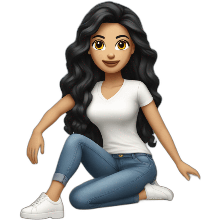 Brazilian Woman with small lips black eyes long black hair dressing jeans with white Tshirt in creamy high heels emoji