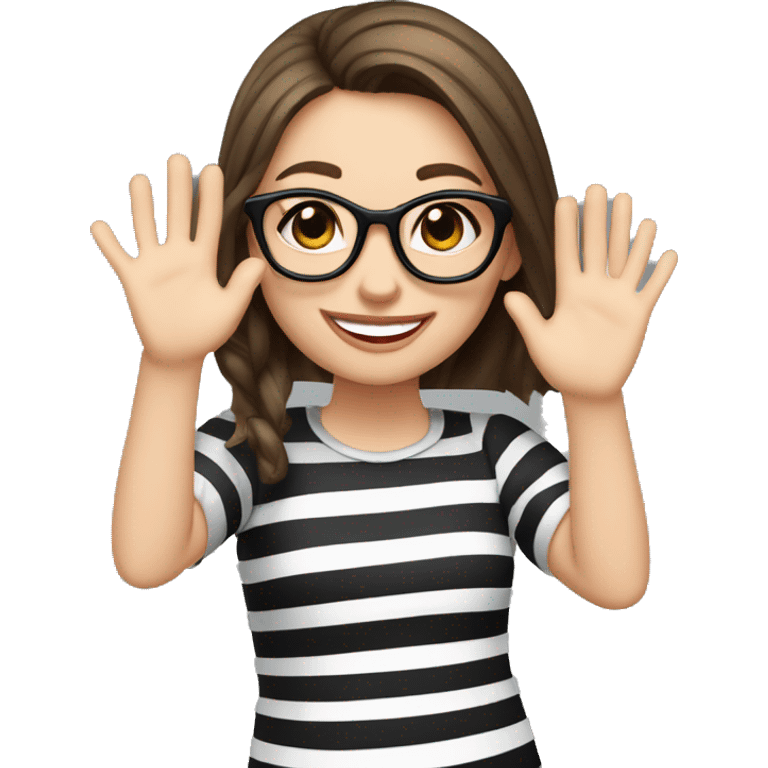 caucasian, brunette girl in black and white striped shirt and glasses, waving and smiling emoji