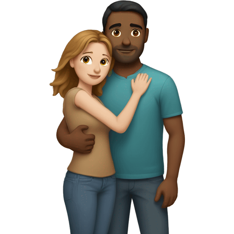 Couple hug, white woman with brown hair and Indian man with light brown skin emoji