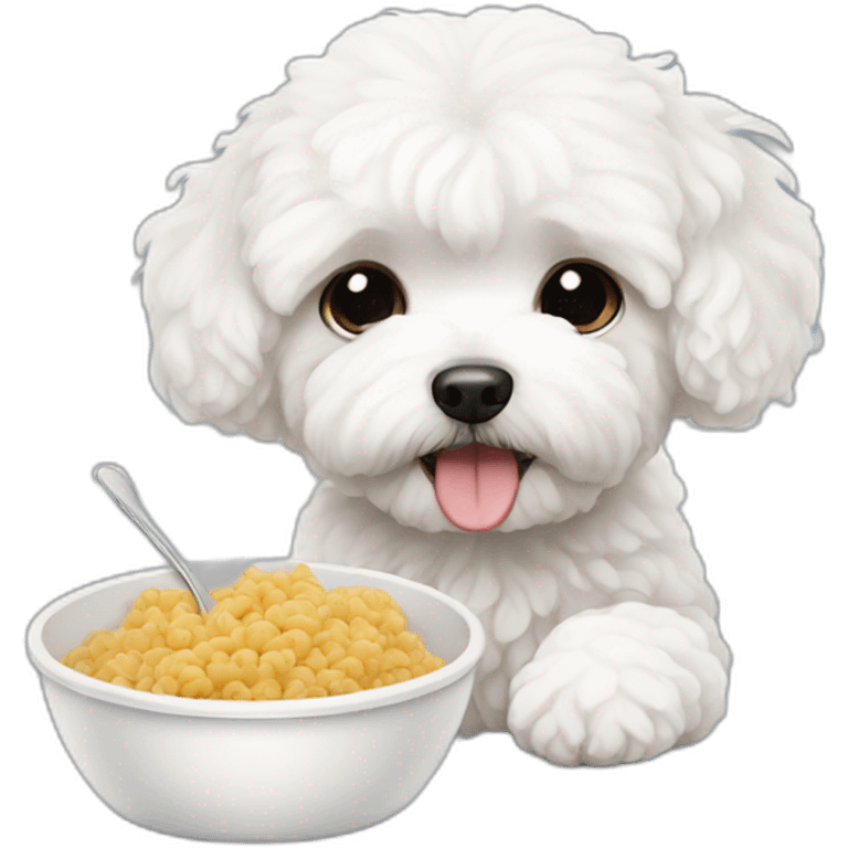 a white maltipoo eating food emoji