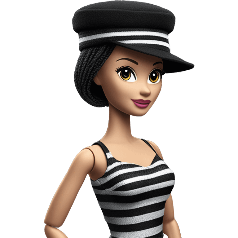 Bouclé Beauty Barbie, 1965 Wednesday Addams from academy, in dark-gray and black striped outfit with hat. Smiling Driving Mercedes convertible sports car  emoji