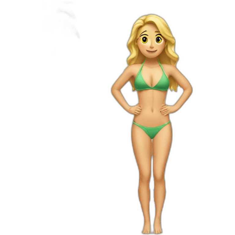 Soft-fit Caucasian woman bikini abs (hands-in-hair pose) (full body) couch emoji