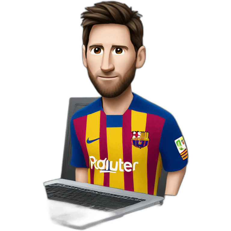 I want you to make a super realistic emoji of Messi with a gray laptop. emoji