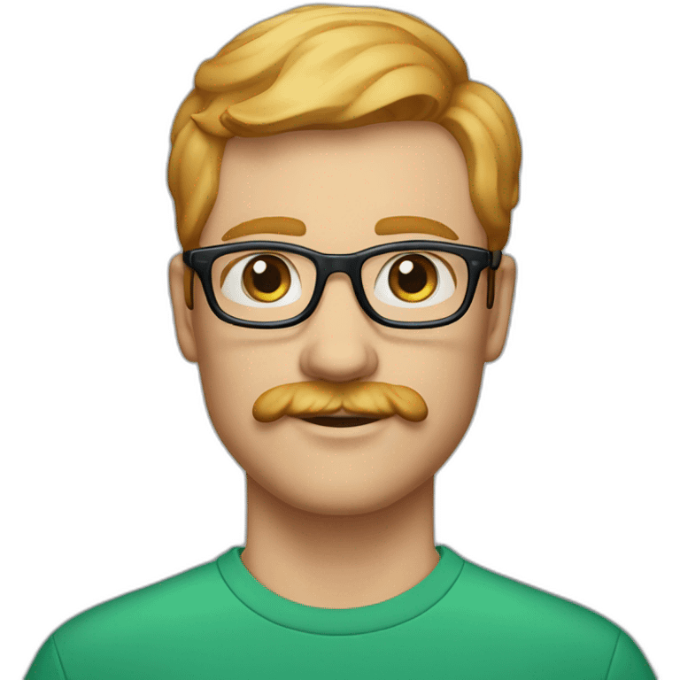 35 year old man with strawberry blond hair, clean shaved chin with moustache, blue eyes and round green glasses emoji