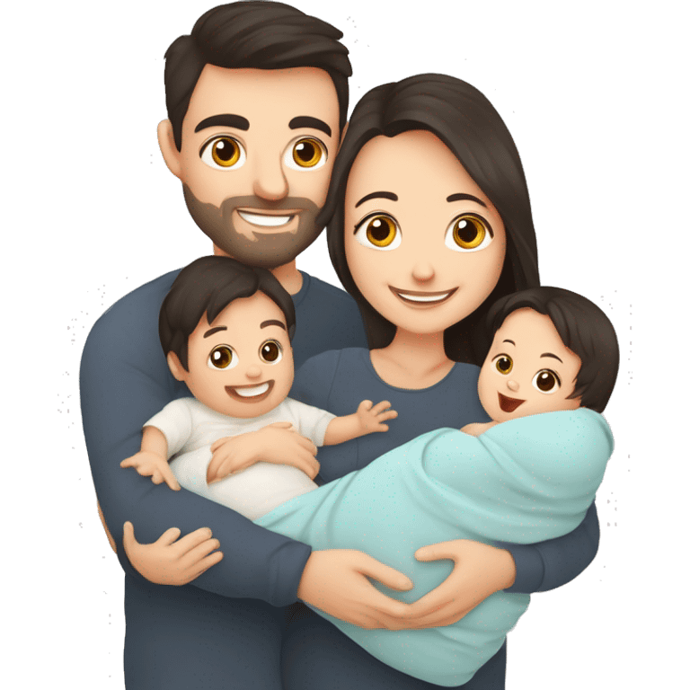 Happy white parents with dark hair with 1 newborn baby. Young parents and newborn son in hands. Mother, father holding infant together with love. Parenthood concept. Flat illustration isolated on white background. emoji