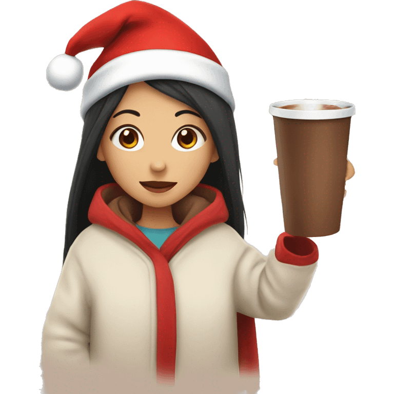 asian girl with blanket drinking hot chocolate with a santa hat emoji