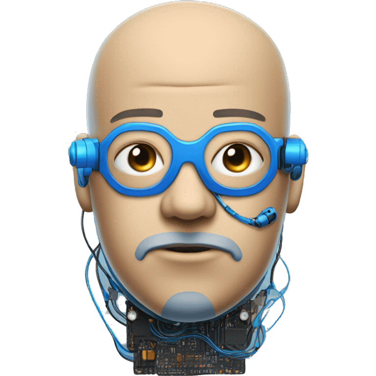 Fat bald cyborg head with tan skin, blue beard, blue goggles and circuits emoji