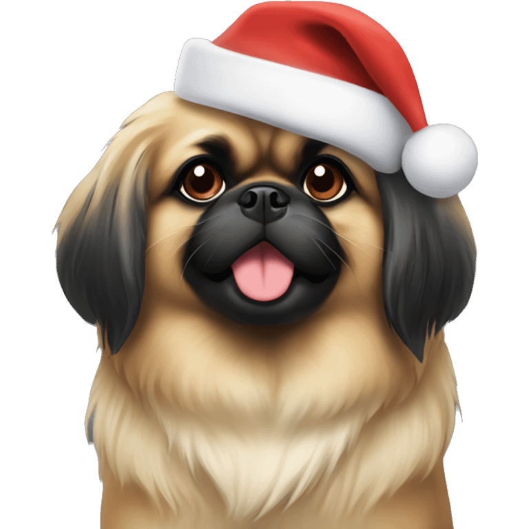 Pekingese black dog wearing a Christmas hat. emoji