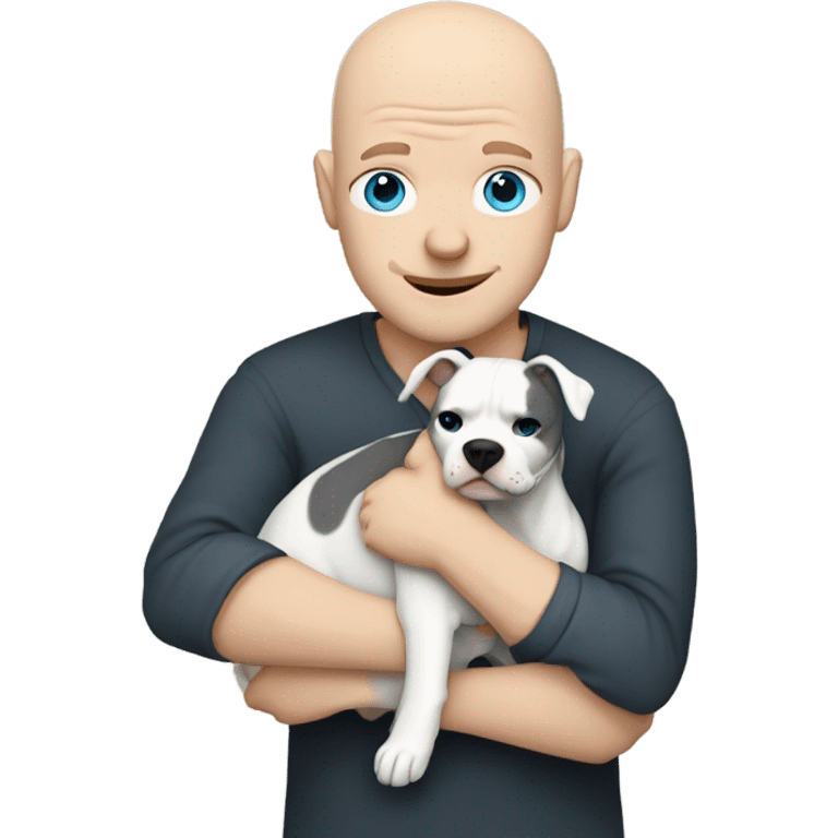 white bald man with blue eyes hugging dark grey pittie  emoji