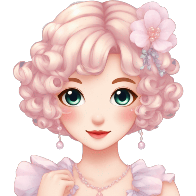 Gorgeous anime style lady with blushing face and accessories cottagecore fairycore Kawaii anime colorful pearly romantic aesthetic trending style emoji