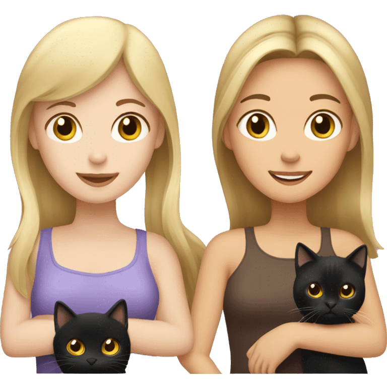 blonde girl holding black cat, brunette girl holding brown cat emoji