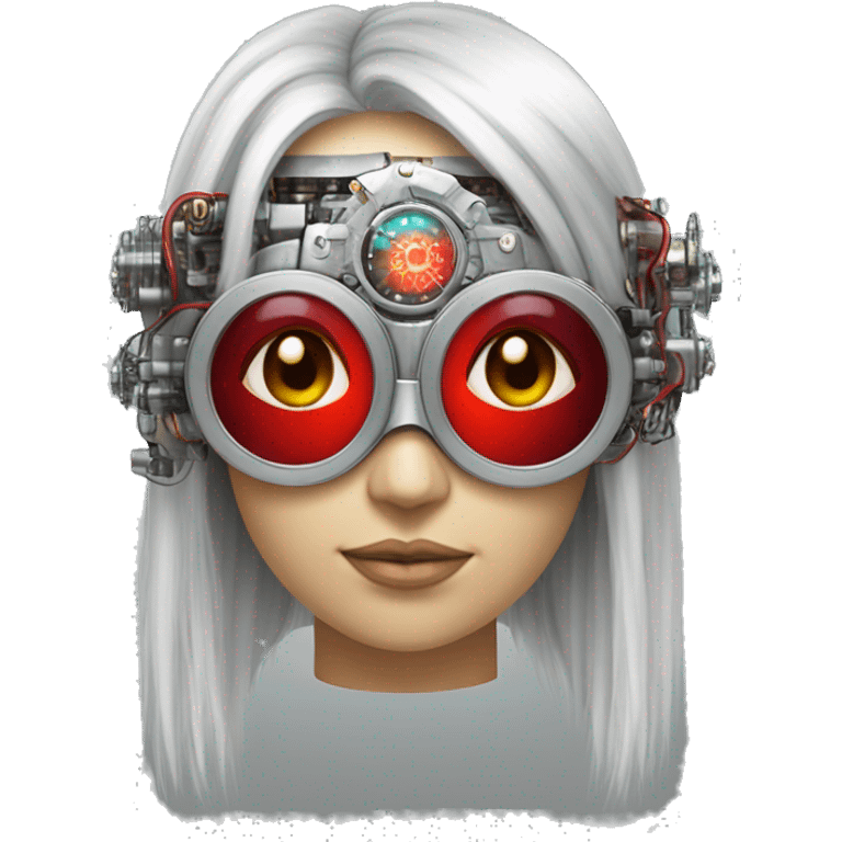 Silver long hair female cyborg head with red steampunk goggles and circuits emoji