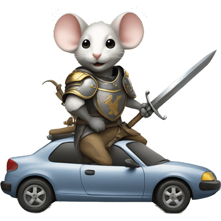 A mouse holding a sword, helmet and shield riding on top of a car  emoji