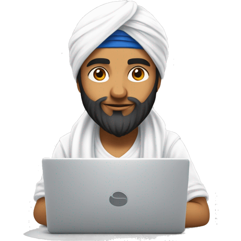 a young sikh boy oimg coding on laptop, Make him wear a Punjabi turban of white color, MAKE the turban very cute , and a little pointy , And Make the bouy cute emoji