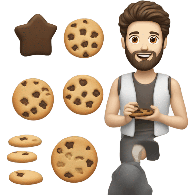 White brunette man with beard eating cookies emoji