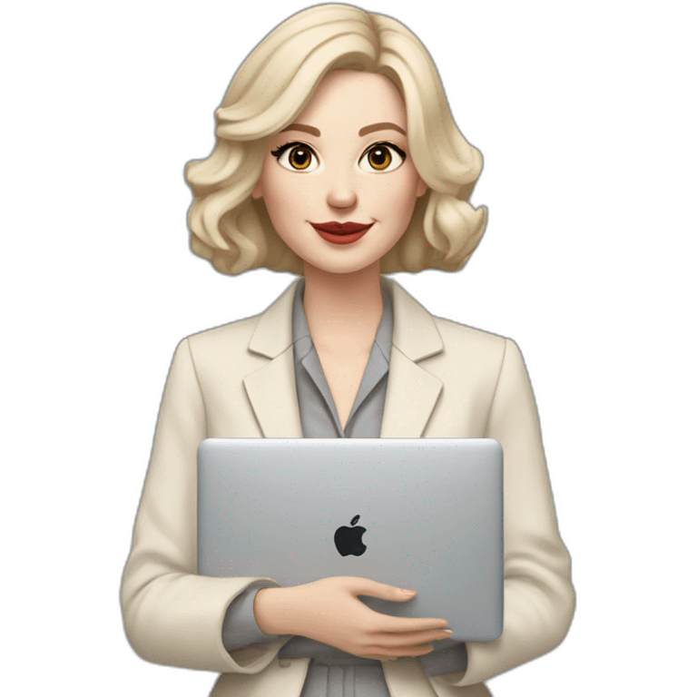 pale skin woman with ash blonde Straightened bob Hair, White Spacious classical jacket, beige palazzo Arrow pants and gray blouse holding a MacBook in the hands emoji