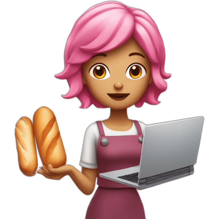 lady with pink Hair holding a baguette and a laptop emoji